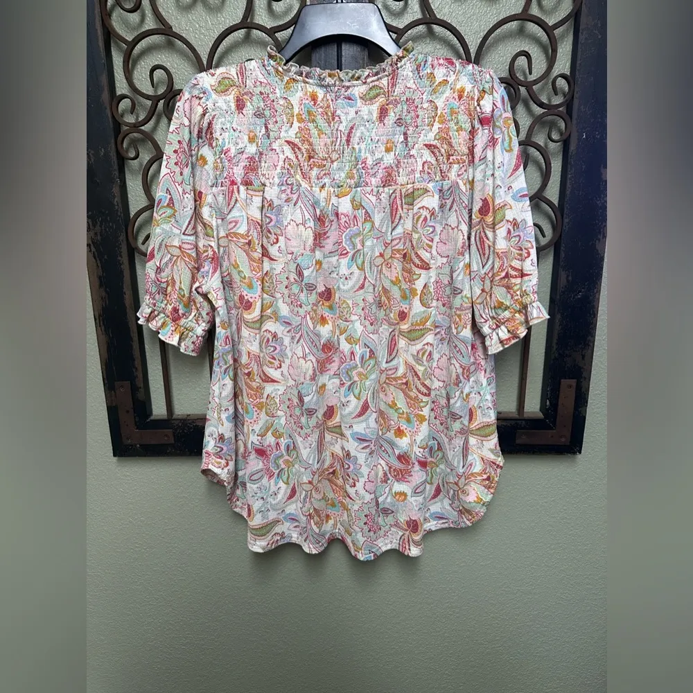 tie vneck 3/4 ruffle sleeve paisley print top - Image 2