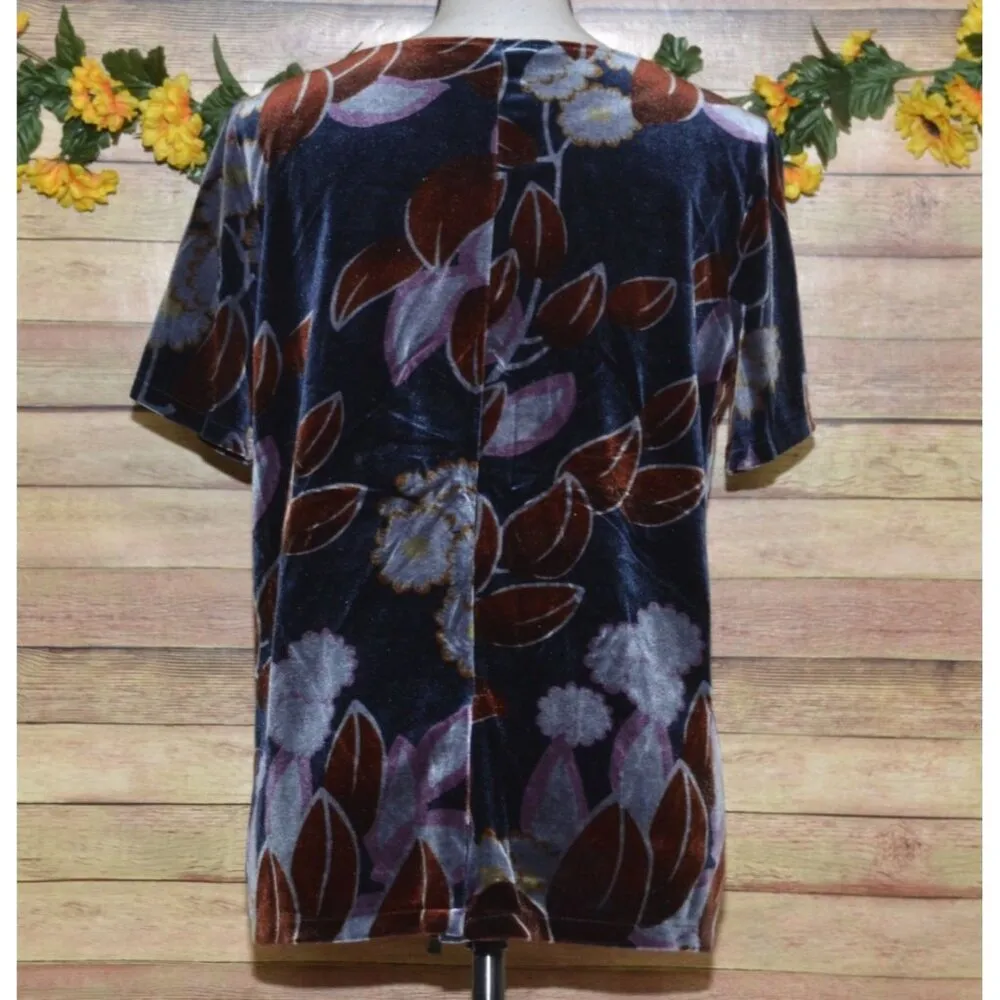 Ann Taylor Ladies Blue Velvet Rust Leaf Pattern Short Sleeve Blouse M Slit Casua - Image 6