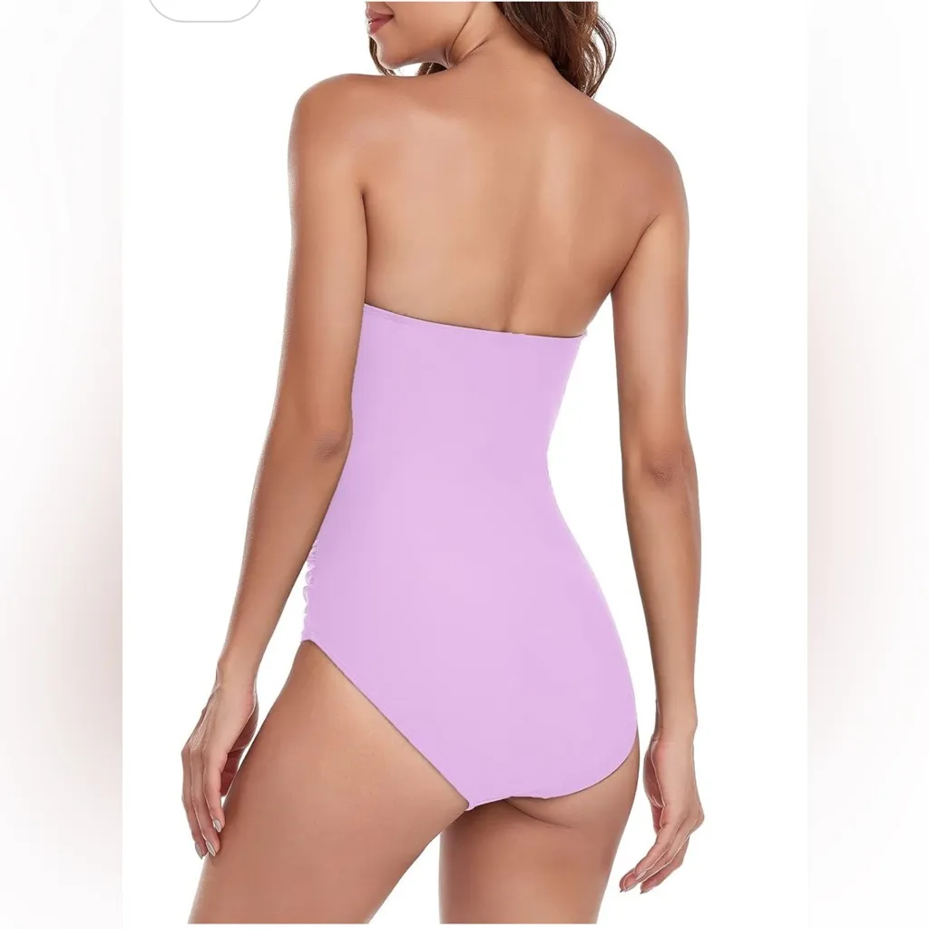 Ocean Blues Size L Bandeau One Piece Swimsuit Molded Cups Shirring Tummy Control Purple Size L - Image 2