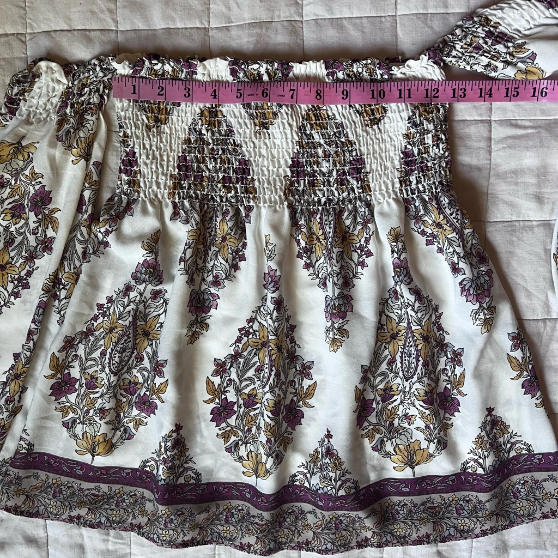 Show Me Your Mumu Cream Purple Paisley Floral Smocked Off Shoulder Top - Small - Image 3