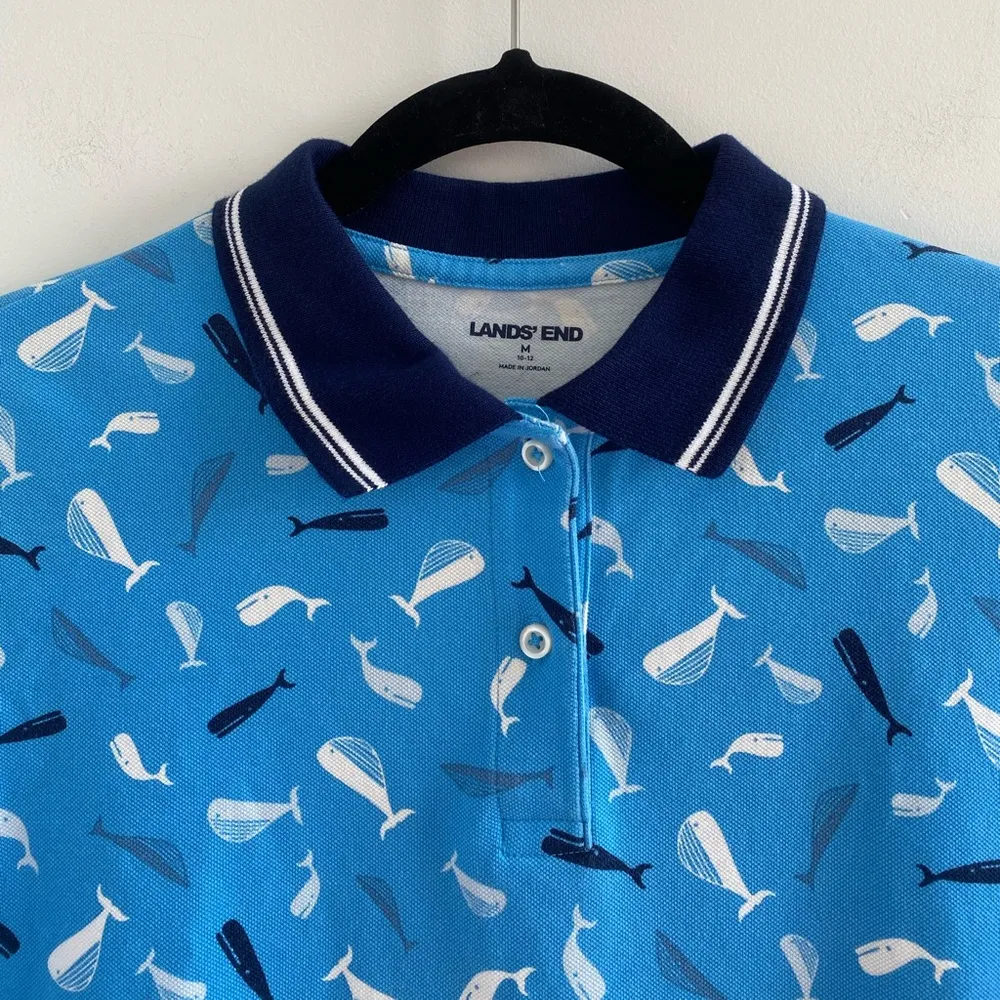 Lands' End Blue Whale Novelty Print Nautical Short Sleeve Polo Golf Shirt Size M - Image 2