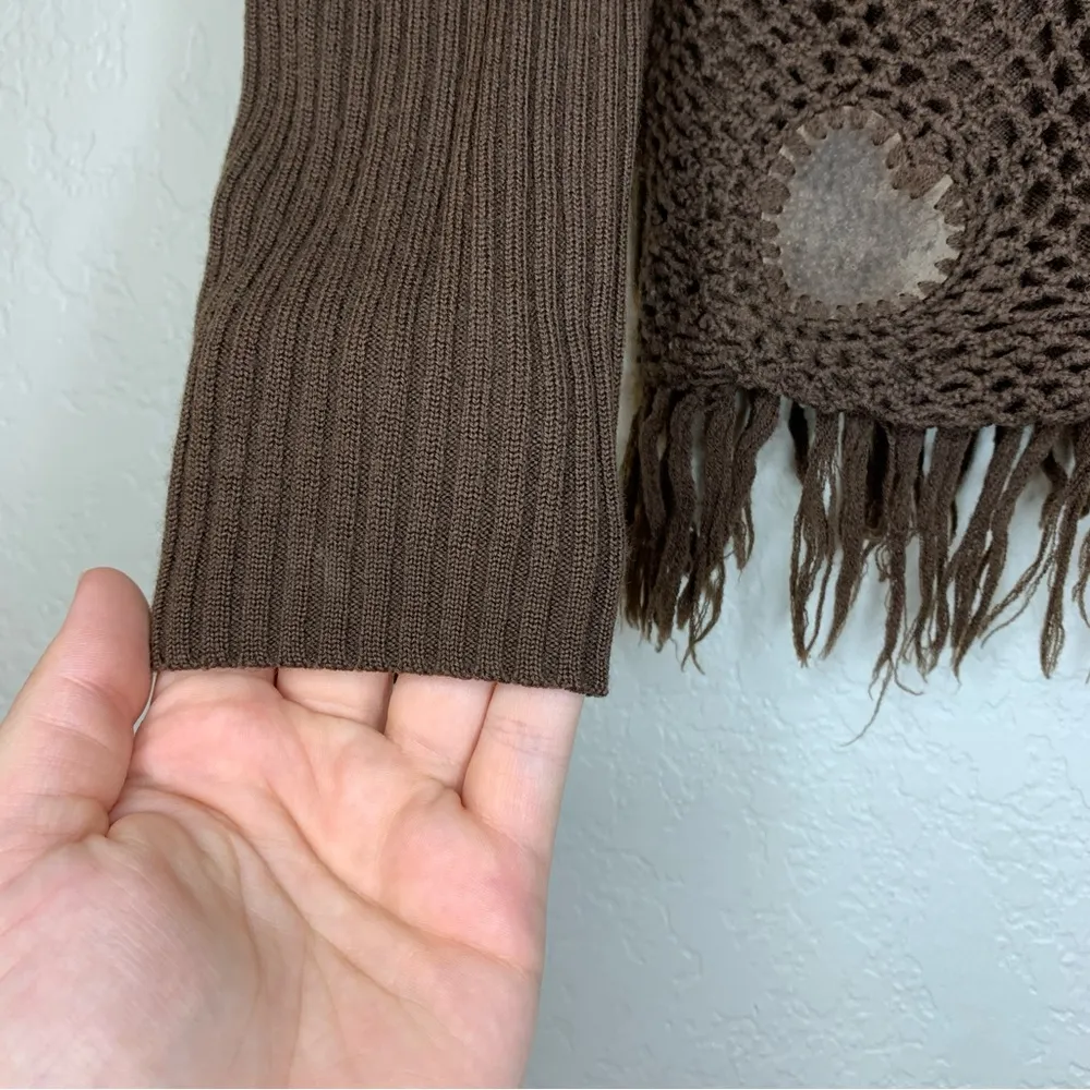 Vintage Y2K Turtle Neck Crochet Fringe Leather Appliqué Brown Sweater Size M Size M - Image 5