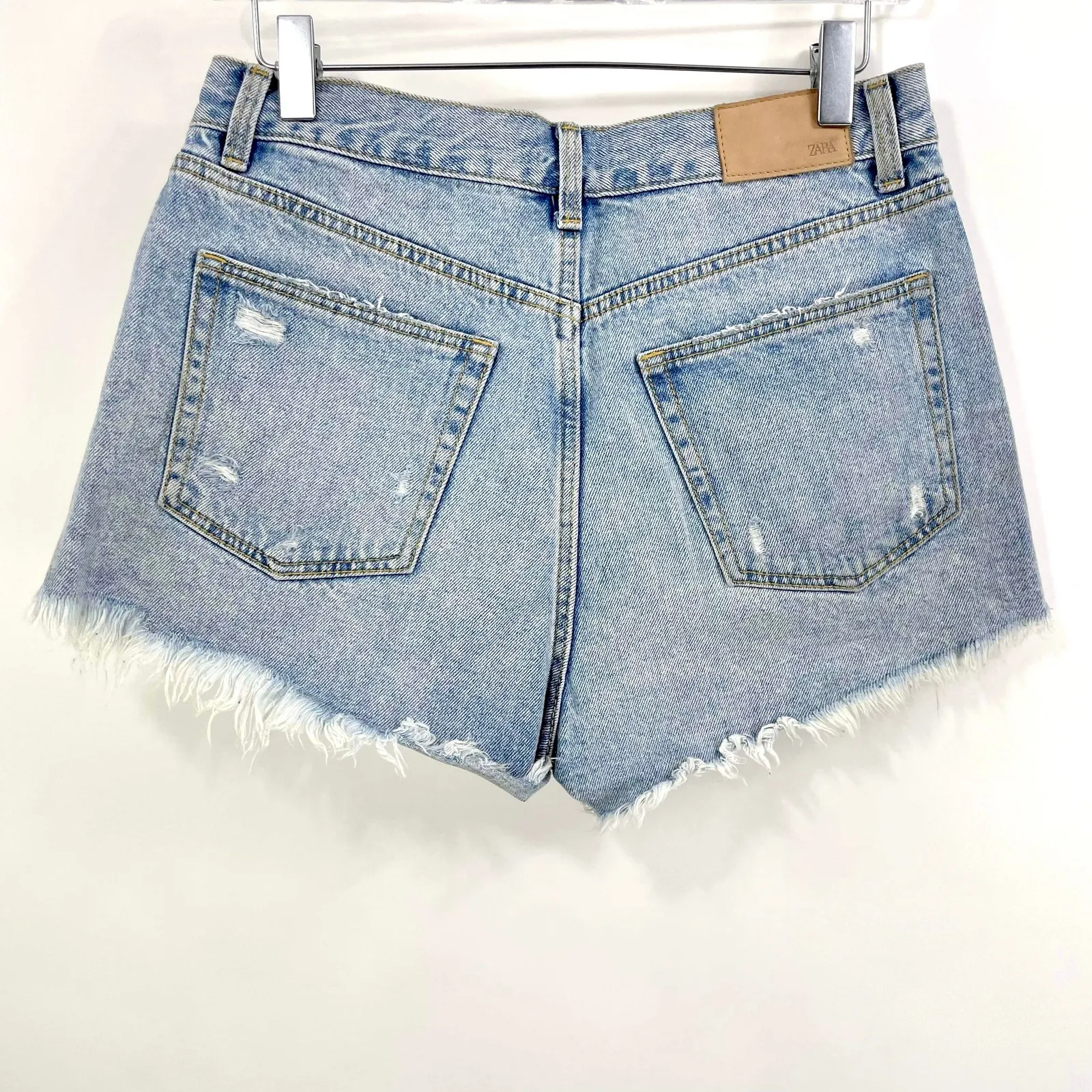 ZARA Blue Cotton Light Wash Distressed Denim Shorts - Image 3