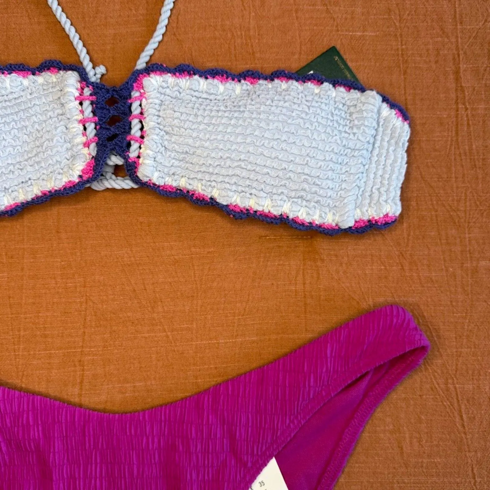 DESPI BR Fancy Crochet Bandeau Bikini Top in Light Blue Purple & Pink size M NWT Size M - Image 13