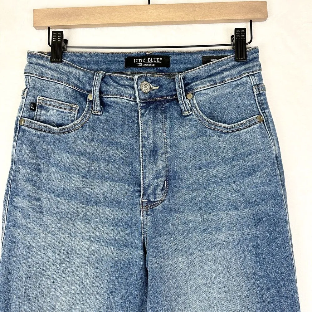 Judy Blue High Rise Wide Leg Crop Jeans Size 7/28 Medium Wash Released Hem - Image 5