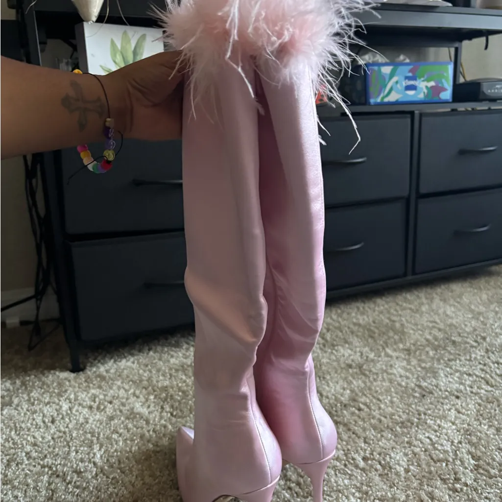 JENSON HEELED BOOTS - PINK KNEE-HIGH SATIN WITH FEATHER TRIM size 5 - Image 2