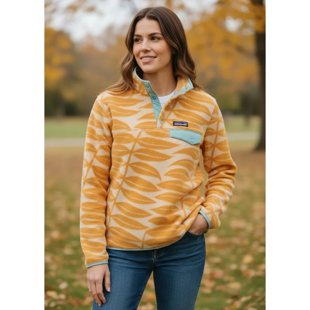 Patagonia Synchilla snap T Fleece pullover Yellow Leaf Pattern unisex small - Image 3