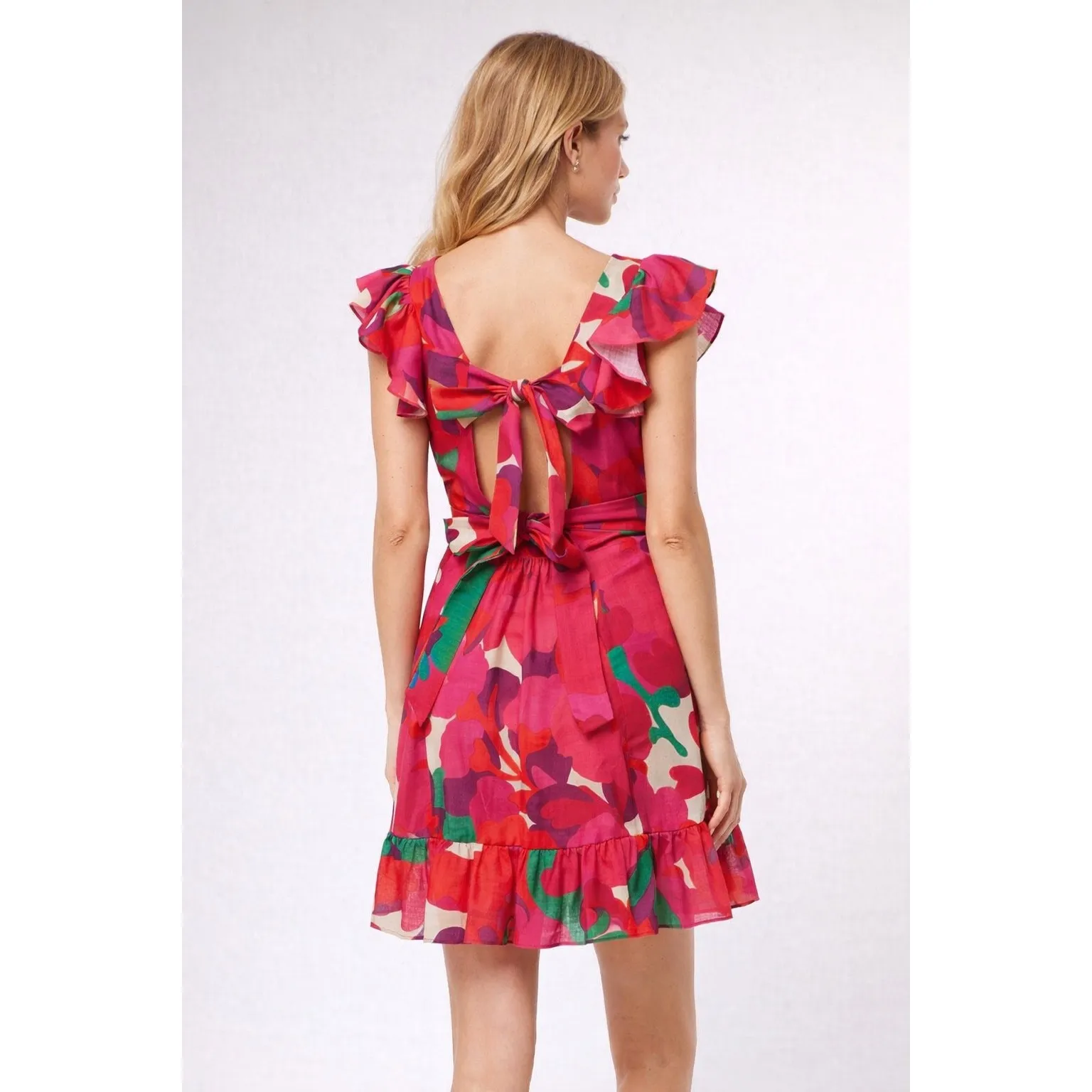MISA LOS ANGELES Floral Ruffle Sleeve Square Neck Tie Back Mini Dress M - Image 3