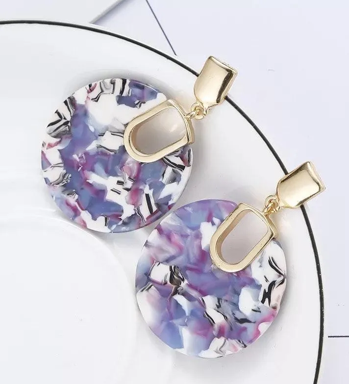 Round Acrylic Shell Stud Drop Earrings Purple - Image 2