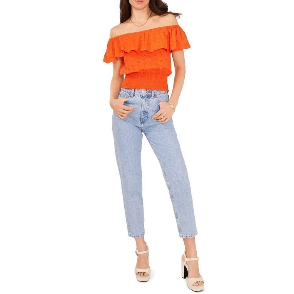 1. State Top Tigerlily Eyelet Ruffle Smocked Crop Orange Size XS‎ NWT - Image 2