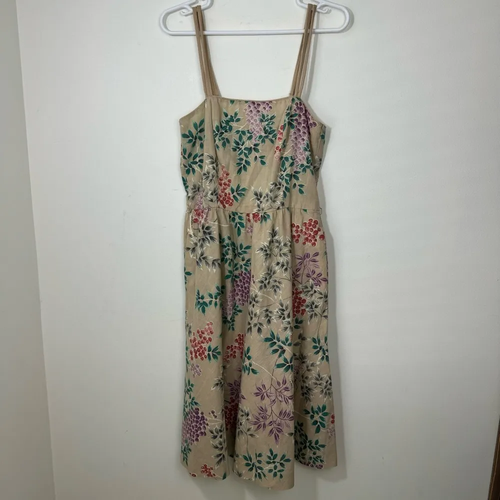 Vintage 1960’s John Meyer Floral Linen Dress Grapes Fruit Print Size Extra Small Tan - Image 2
