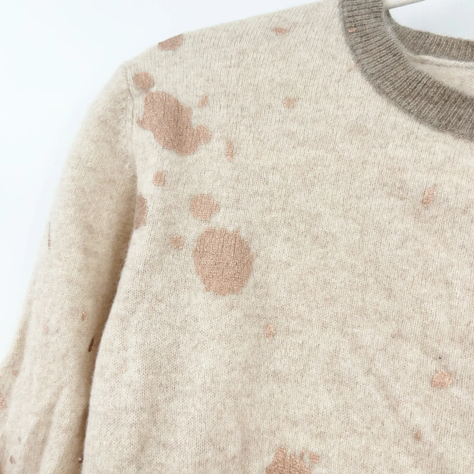 Brodie‎ Cashmere Womens Fall Neutral Foil Metallic Splatter Knit Sweater Size XS Tan - Image 2
