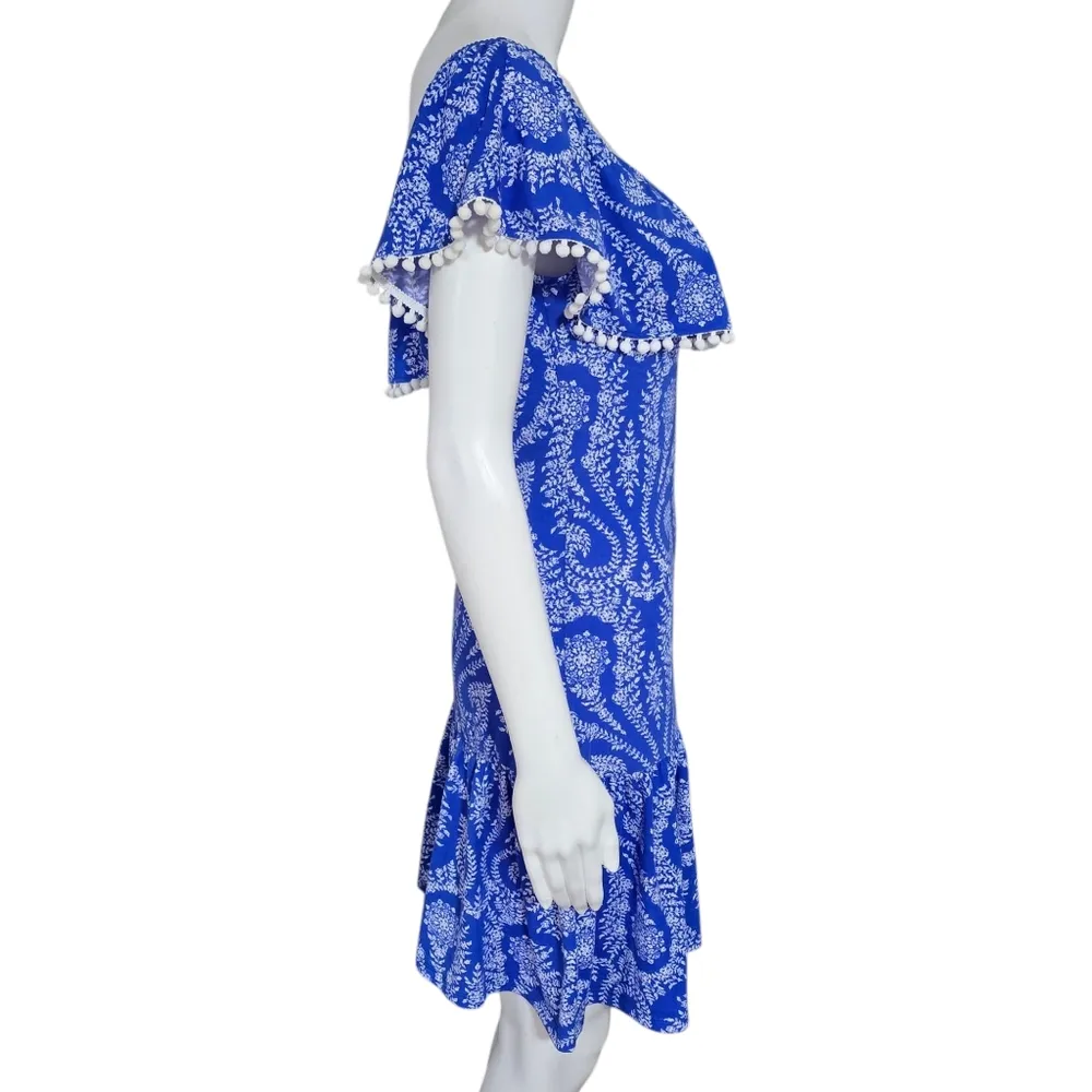Venus Blue Paisley Off-Shoulder Pom Pom Trim Paisley Mini Dress Size Small - Image 4