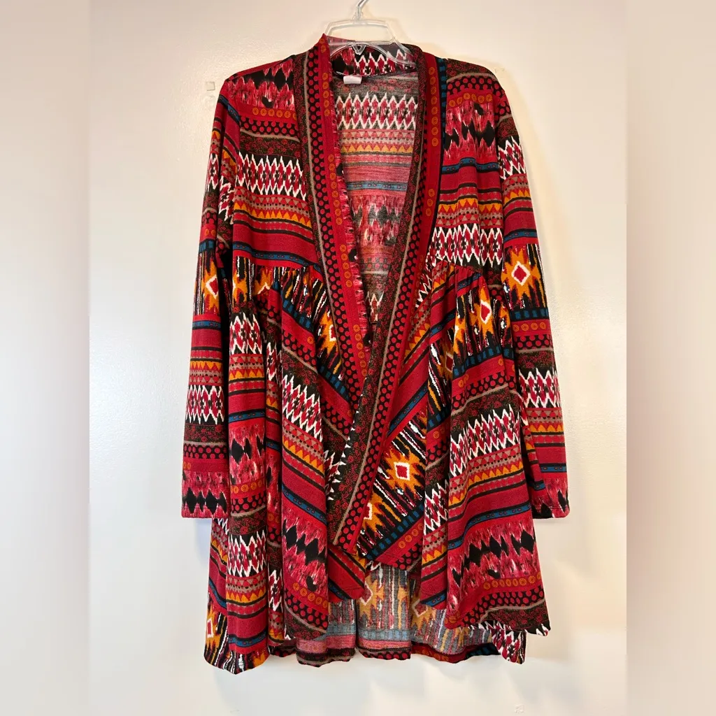 Pretty Young Thing Aztec Patterned Open Front Drape Cardigan Women's Size Large Red - Image 2