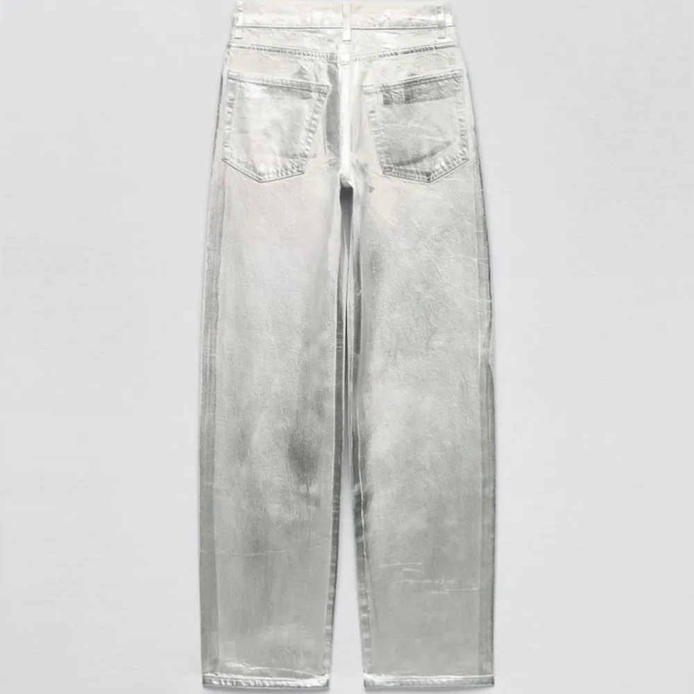 Zara Silver Metallic ZW BOYFRIEND MID-RISE STRAIGHT LEG RELAXED JEANS Size 8 NEW - Image 7