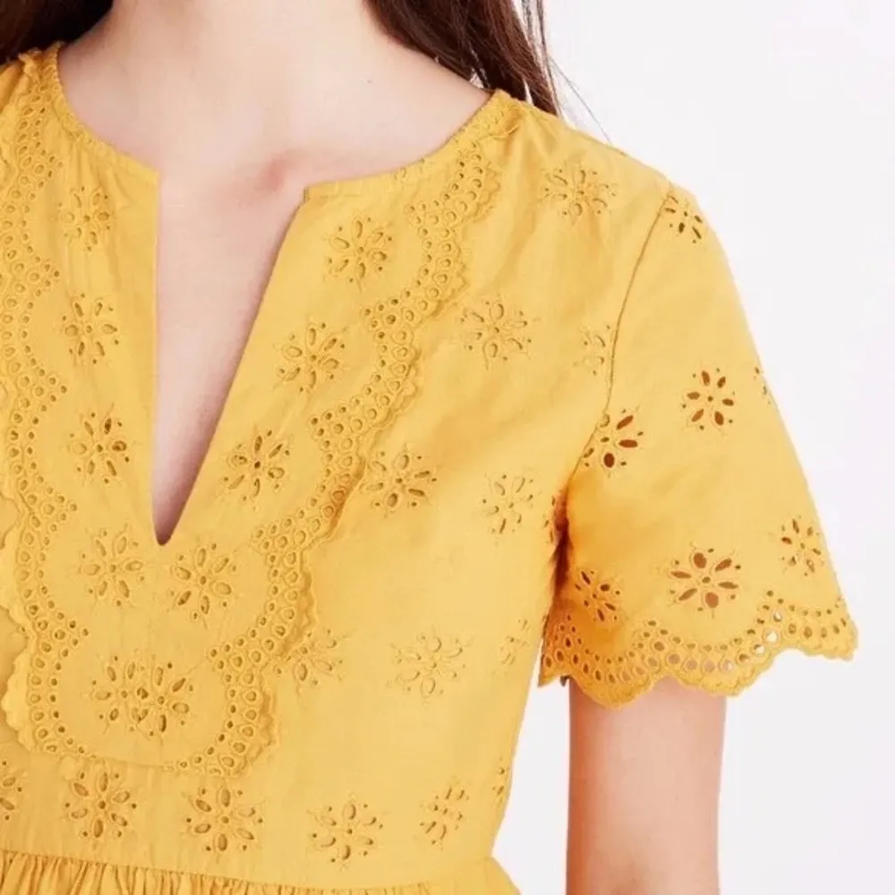 Madewell Scalloped Eyelet Midi Yellow Short Sleeved Dress Size 12 GUC - Image 2