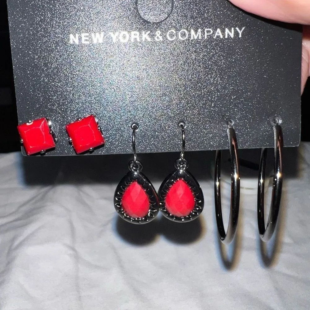 New York & Company Set of‎ Three Red and Gunmetal Earrings Silver - Image 4