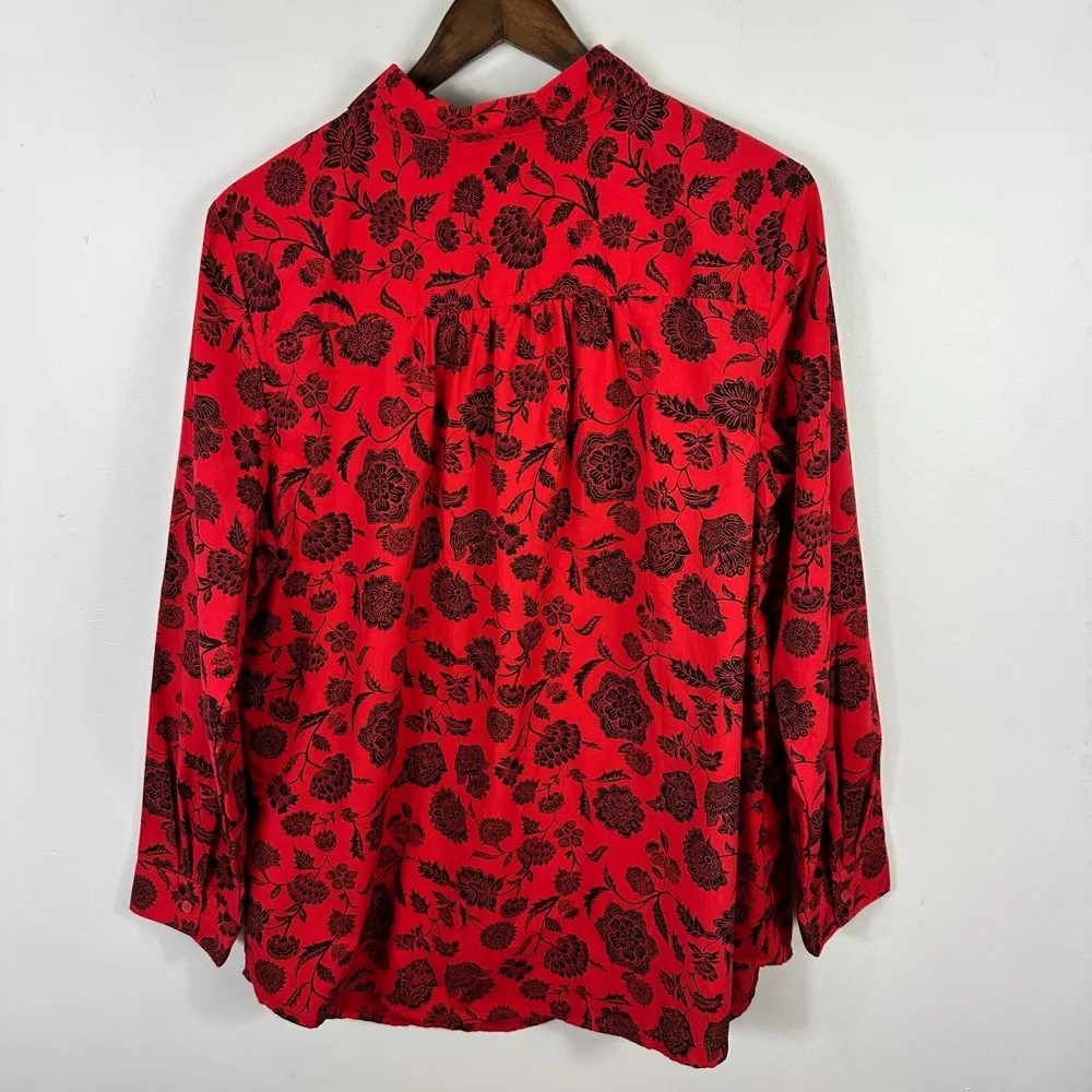 Roamans Blouse 18W Red Black Floral Button Front Long Sleeve Shirt Romantic Bold - Image 2