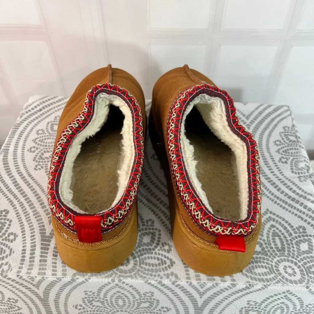 Brown Faux Suede Aztec Embroidered Faux Fur Lined Slip On Platform Clogs Size 41 - Image 3