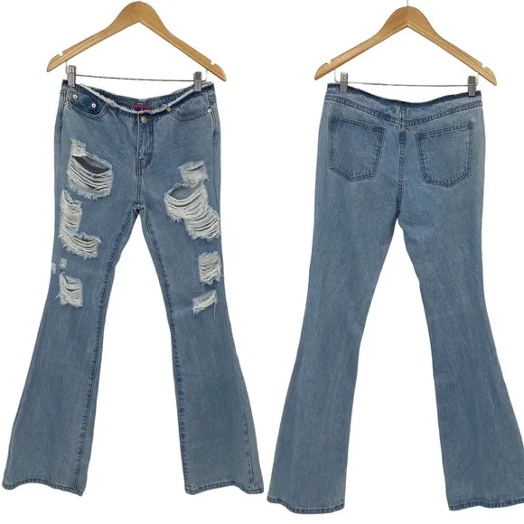 Y2k Edikted Flared Ripped Jeans Light Wash Denim Raw Hem Waist Womens Medium - Image 2