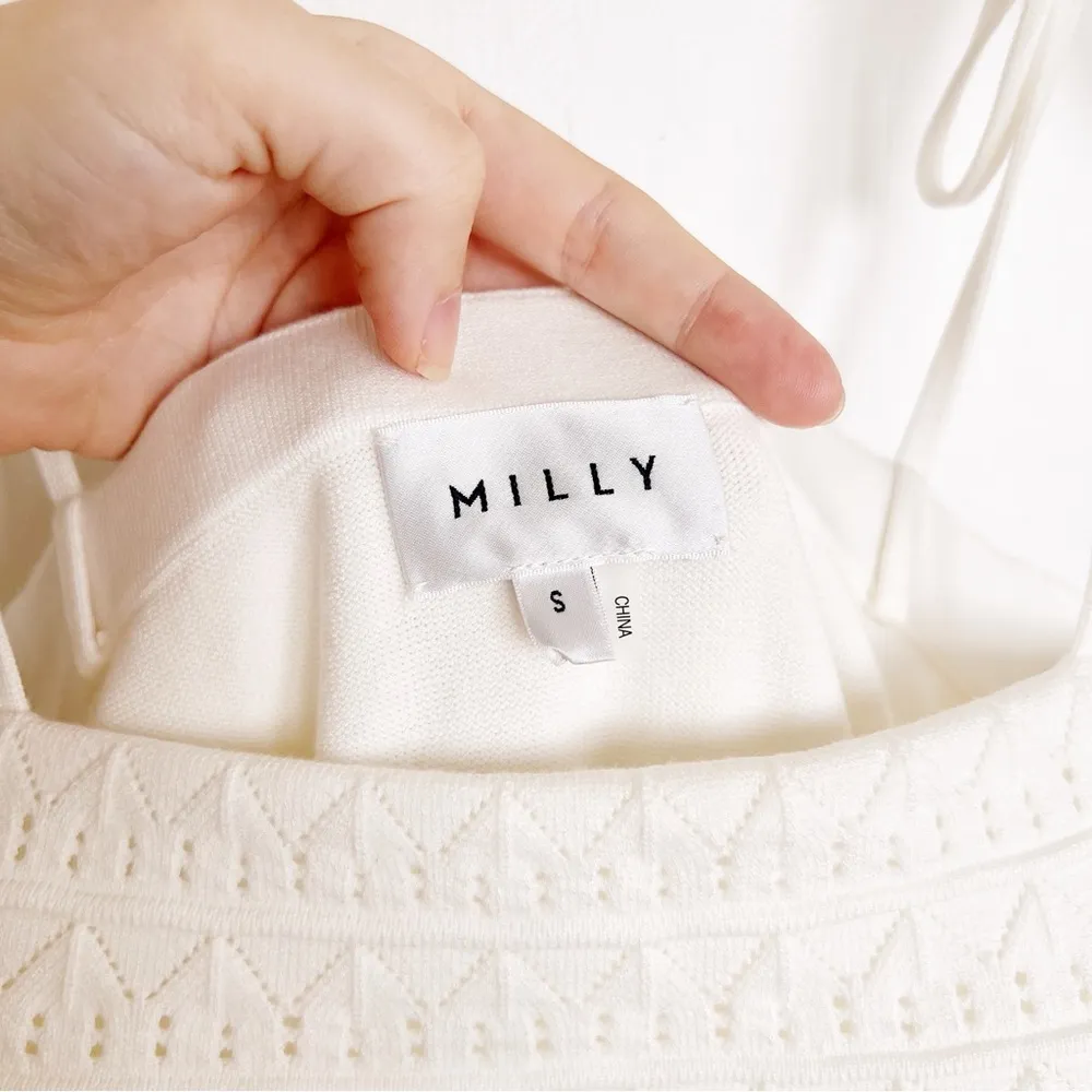 MILLY • Ruffle Yoke Pointelle Short Dress cream sweater knit bodycon frill lace - Image 4