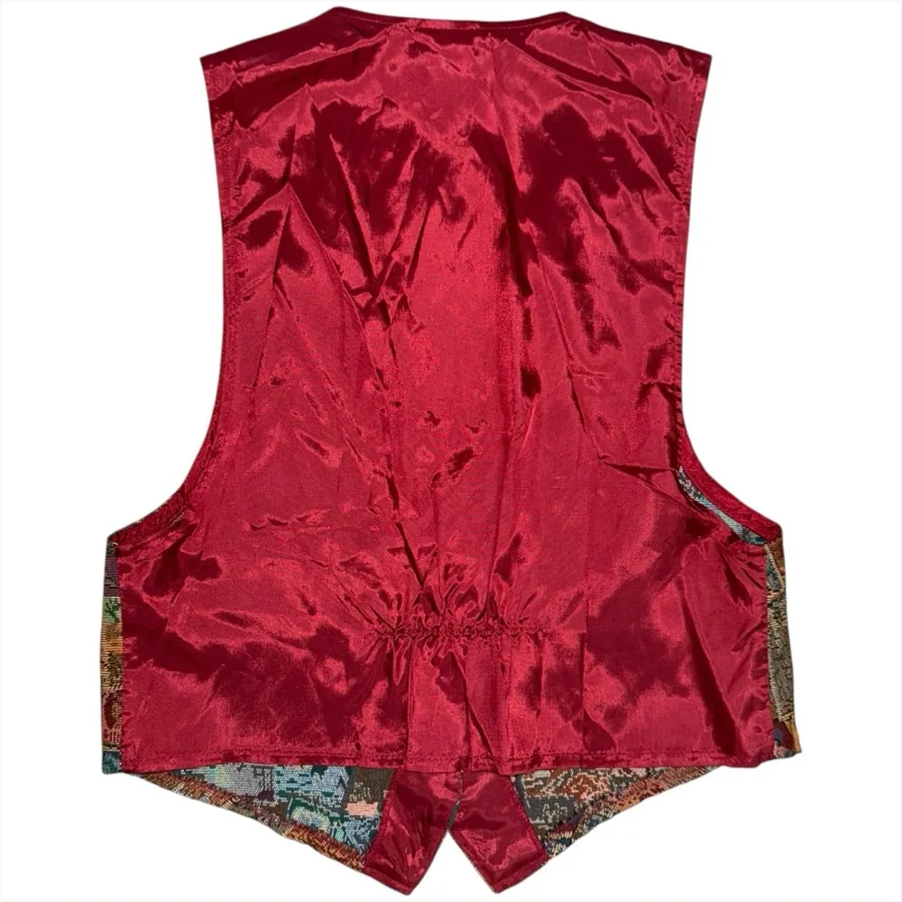 Vintage 90s Backroad Blues Tapestry Vest Postcard Stamp Travel Print Size L USA Red Size L - Image 3