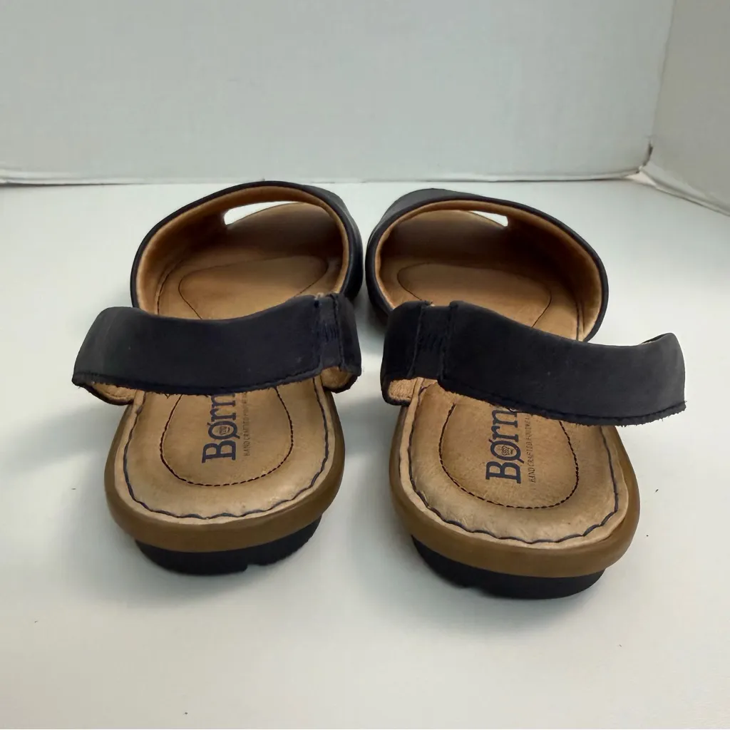 Born Sandals Slingback Flats Peep Toe Leather Comfort Travel Dark Navy Blue - Image 3