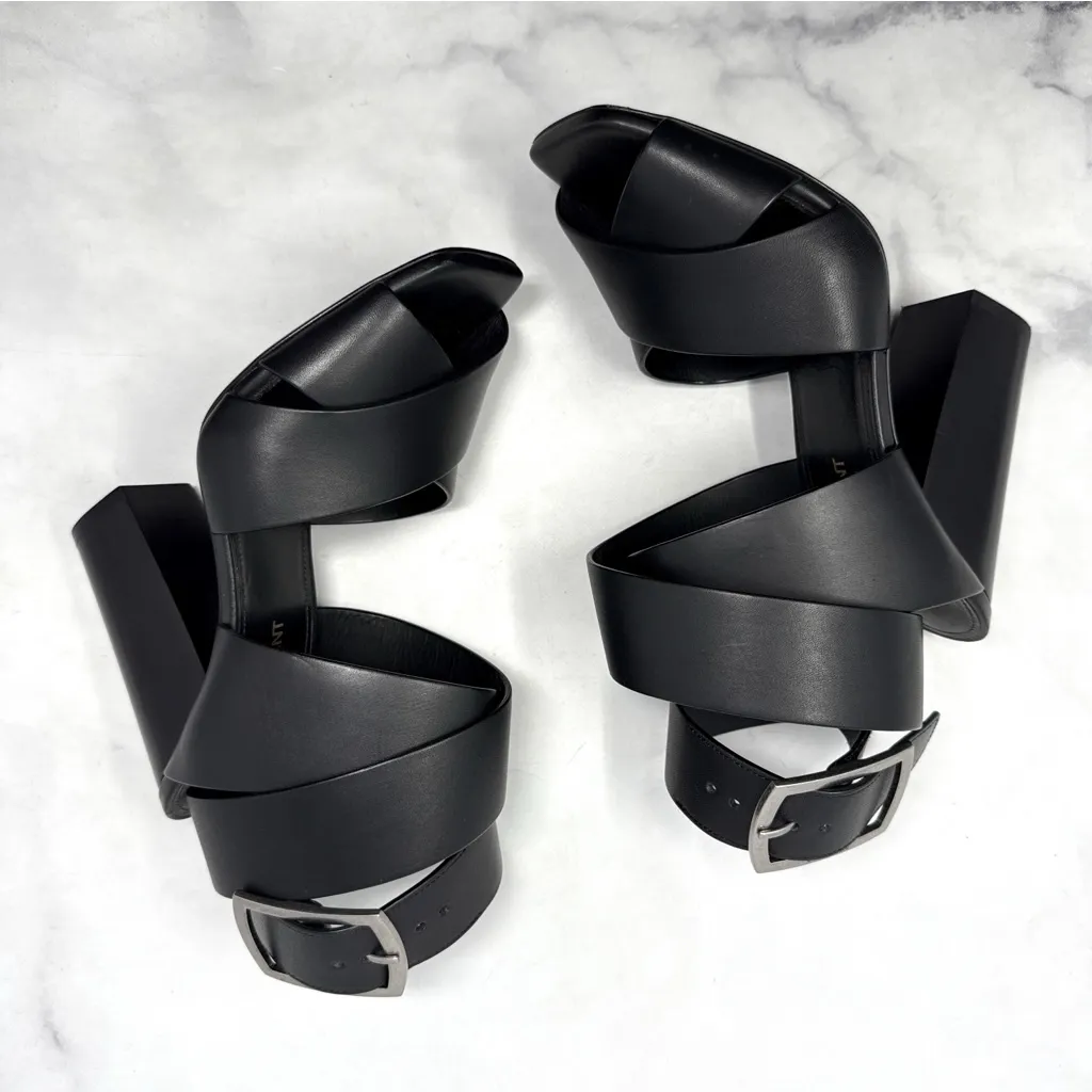 Saint Laurent Oak 100 Buckle Strappy Square Toe Sandal Block Heels Glam Black 36 - Image 3