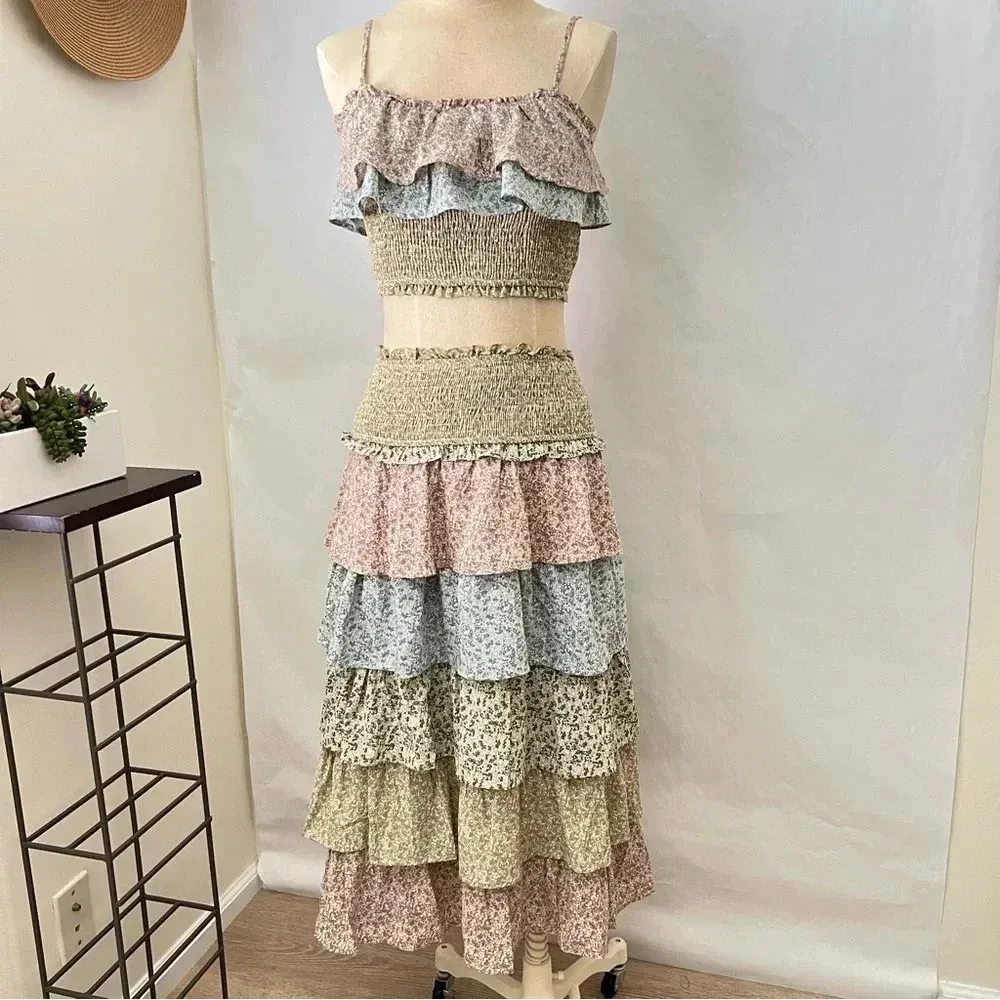 Storia Color Block Tiered Maxi Skirt Floral Smocked Waist Olive Multi Lined - Image 8