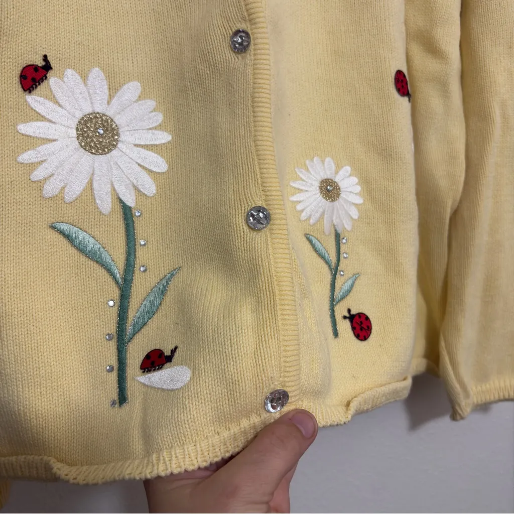 Tia Vintage Yellow Floral Lady Bug Patch Button Cardigan Rhinestone Buttons 2X - Image 5