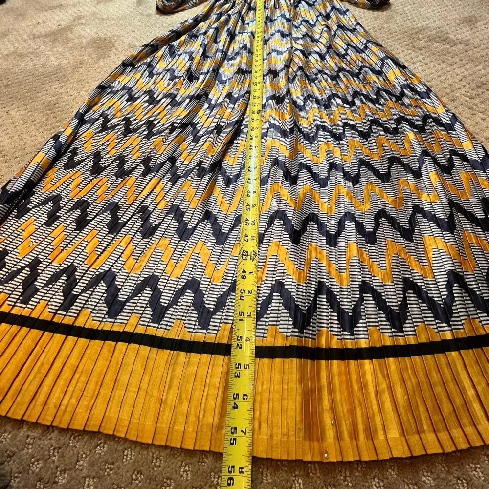 VTG 70’S Maxi Dress Long Sleeve Pleated Yellow Gold Blue Pearls Formal XS Bow - Image 6