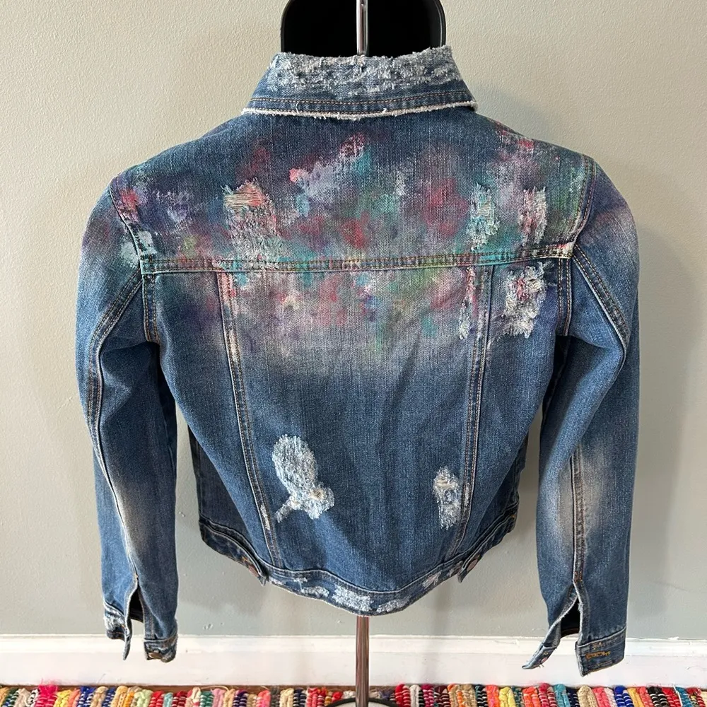 Denim Paint Splatter Jean Jacket Japanese Artist Streetwear Work of Art Small Blue - Image 4