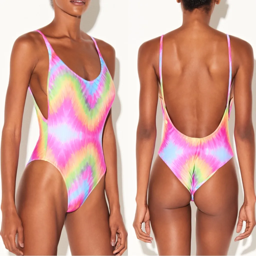 NWT Triya Maio Sereia Rainbow Tie Dye Low Scoop Back One Piece Swimsuit size XS Pink - Image 15