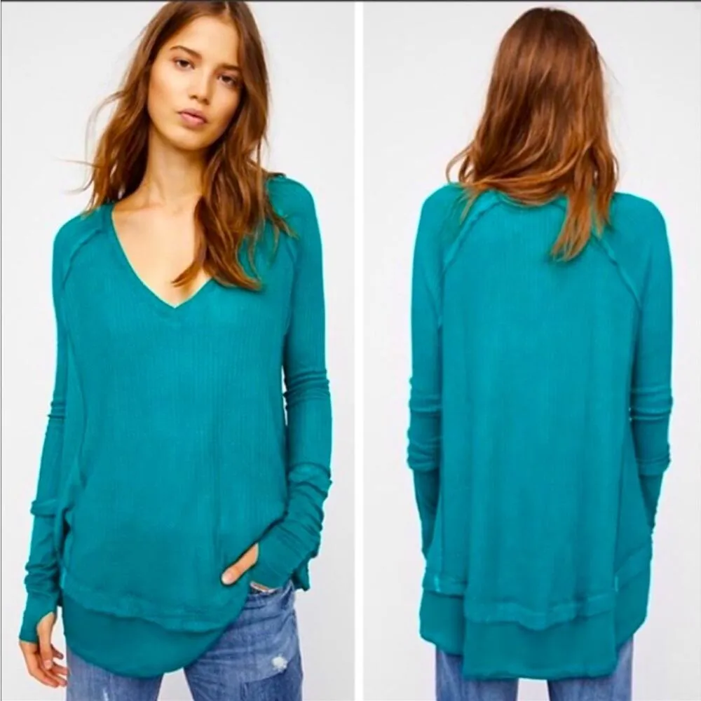 Womens Long Sleeve Layered V Neck Waffle Thermal Top Size XS in Teal - Image 6