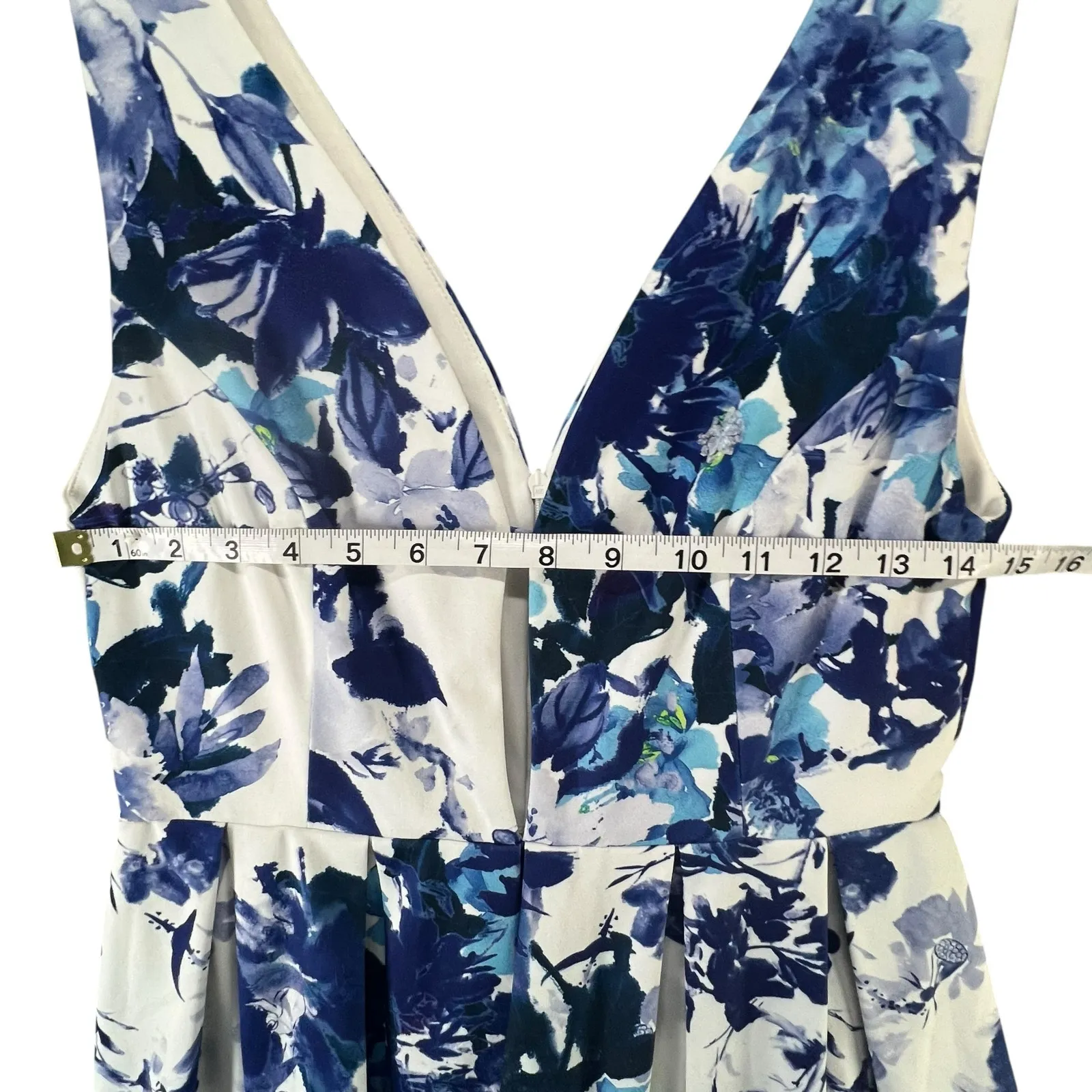 Angl Mini Dress Women S White Blue Floral Plunge V Neck Pleated Fit Flare Skater - Image 7