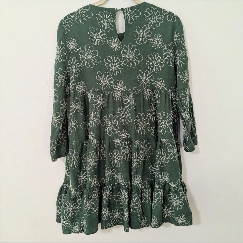 Zara Diana Floral Embroidered Tiered Mini Dress Linen Long Sleeve Green L - Image 9