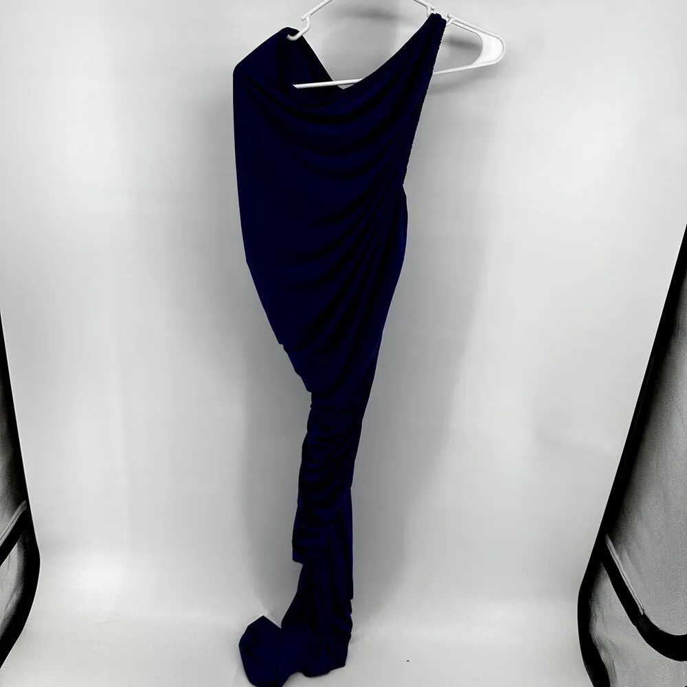 Norma Kamali Diana One Shoulder Maxi Dress Bodycon Drape Stretch Ruched Blue M - Image 5