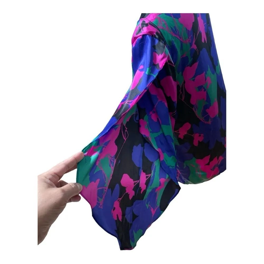 TALBOTS 100% Silk Blouse Size 6 Purple Black Floral Green Pink Tulip Sleeves - Image 5