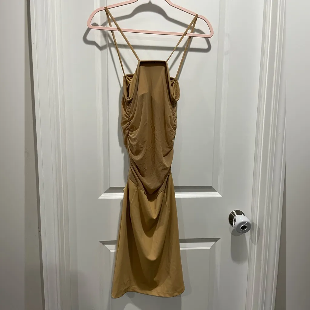 NWT UO Zemeta Mesh Low Belt Y2K Ruched Tan Mini Dress - Image 7