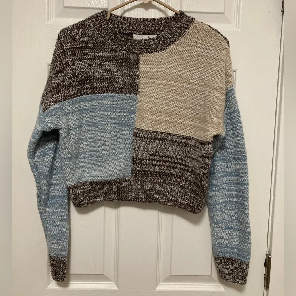 Madden NYC Colorblock Knit Cropped Long Sleeve Sweater Brown Size M - Image 2