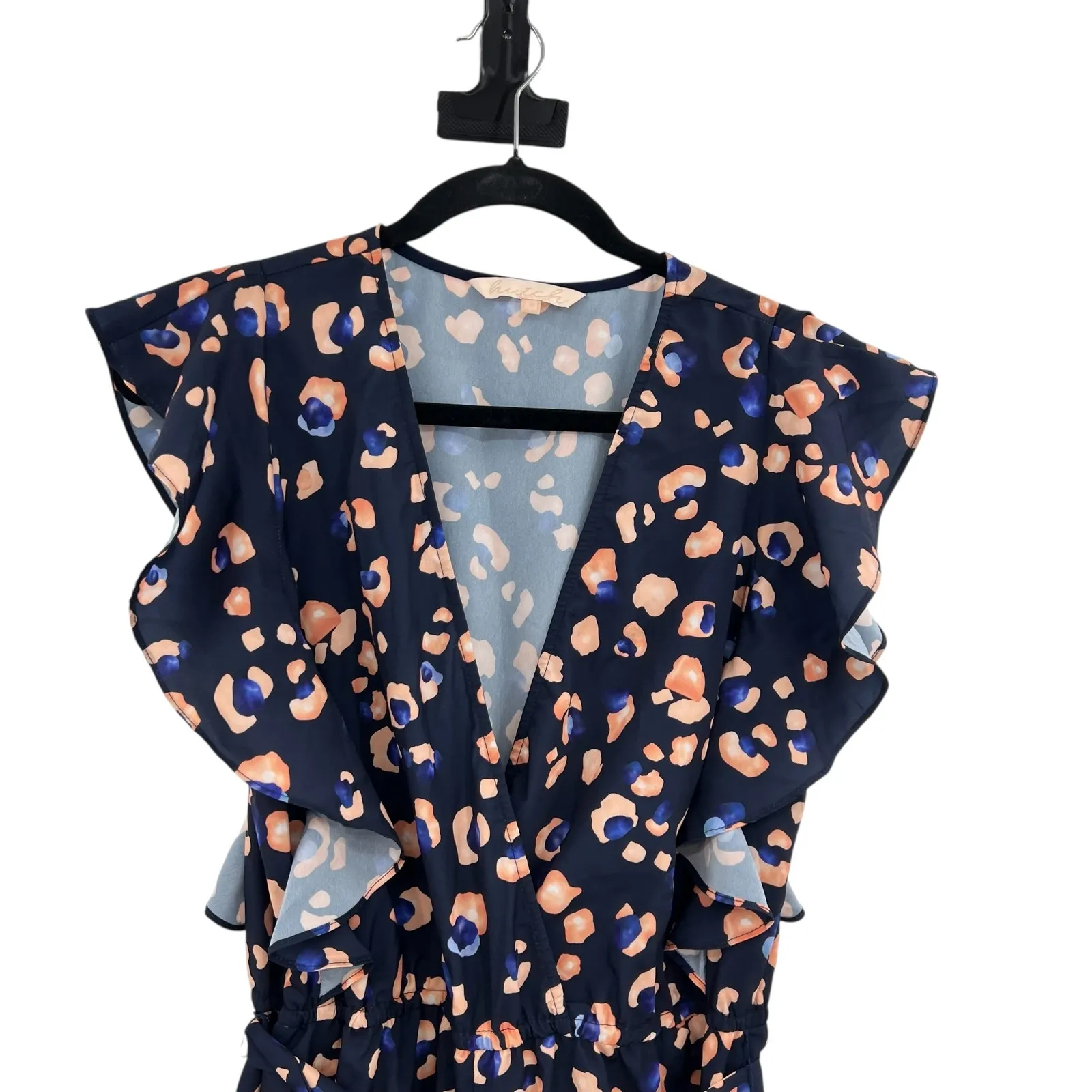 Hutch Leopard‎ Print Jumpsuit Wide Leg Ruffle Navy Blue Size Medium - Image 2