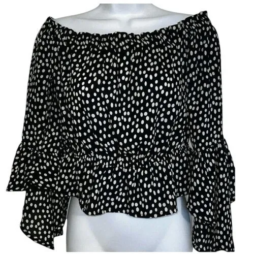 EXPRESS On/Off Shoulder Peplum Hem Belled Sleeve Black & White Blouse NWOT Small - Image 2