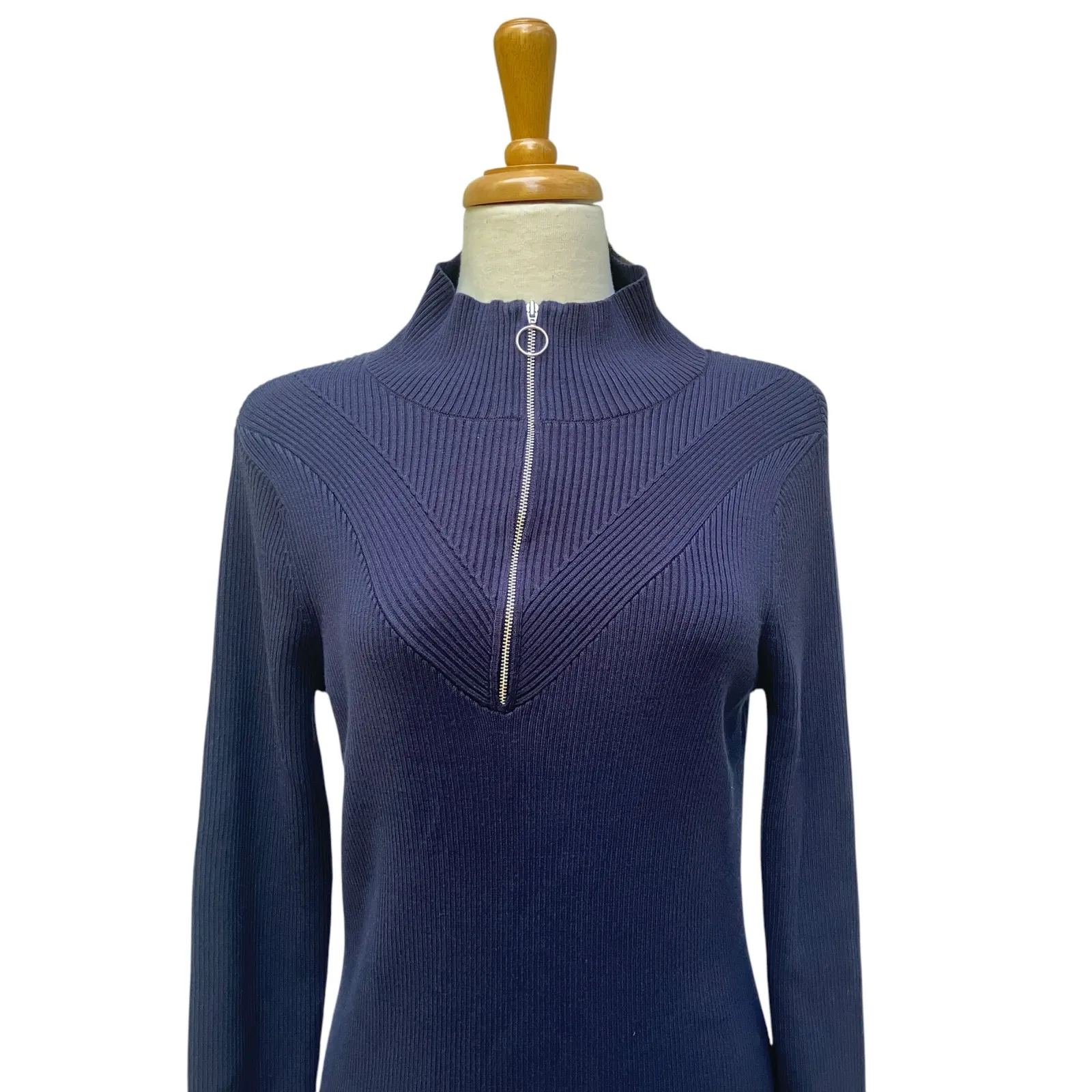 Sweaty Betty Frame Knitted MIDI Dress Sz NWT Navy Funnel Neck Ribbed Athleisure - Image 8