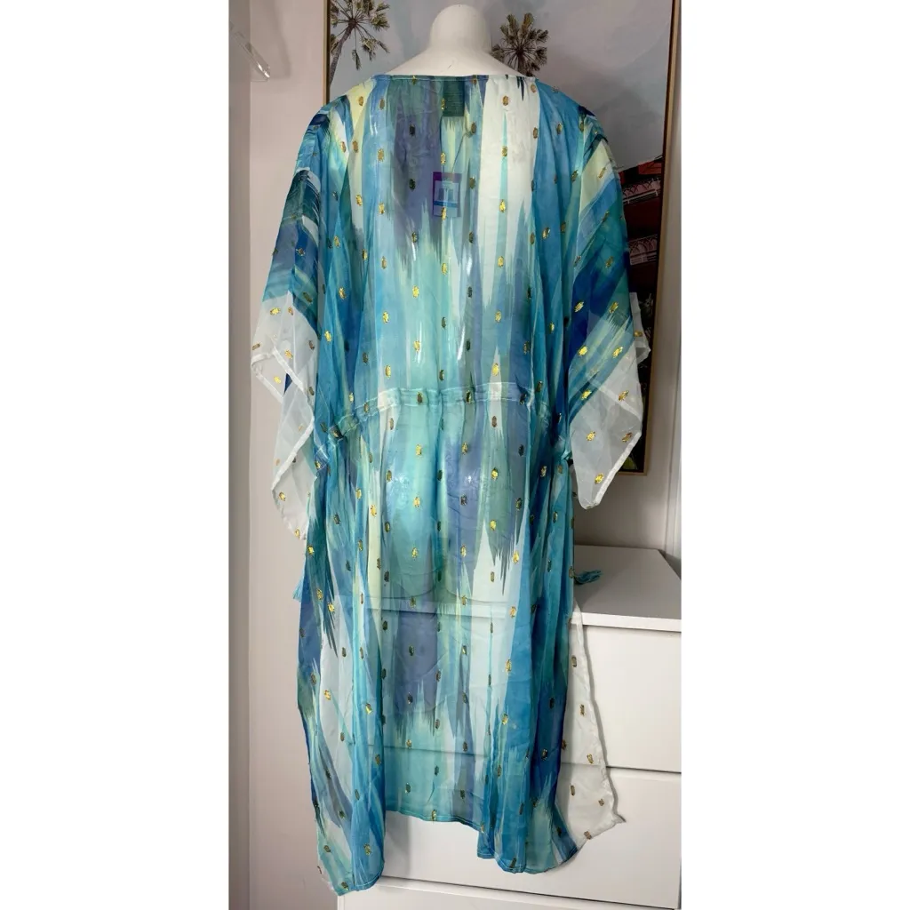 Vince Camuto Blue Ombre Metallic Chiffon Sheer Cover Up V-Neck Dress One Size - Image 4