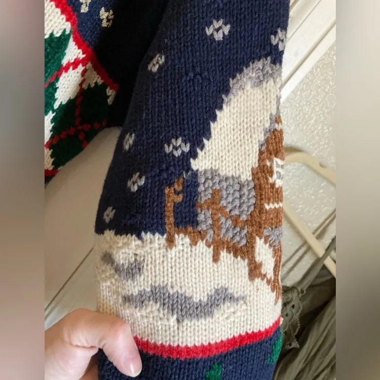 PBJ Sport Vintage Navy Ugly Christmas Ramie Blend Button Up Cardigan Sweater Blue Size L - Image 8