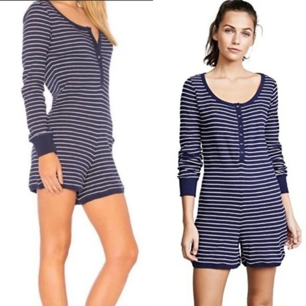 NWT PLUSH Thermal‎ Pj Romper In Navy/cream Small Blue - Image 3