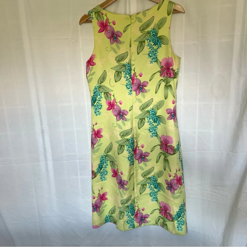 Vintage  100% silk floral sleeveless dress yellow tropical pink 6 - Image 2