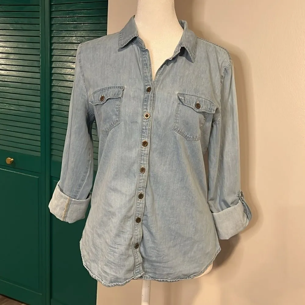 Love FIRE 100% cotton denim style button down with roll up sleeves - Image 8