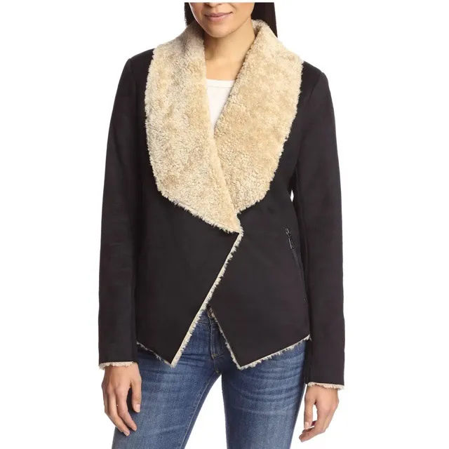 Bernardo Black Faux Suede‎ Shearling FauxFur Sherpa Drape Waterfall Jacket Med - Image 14