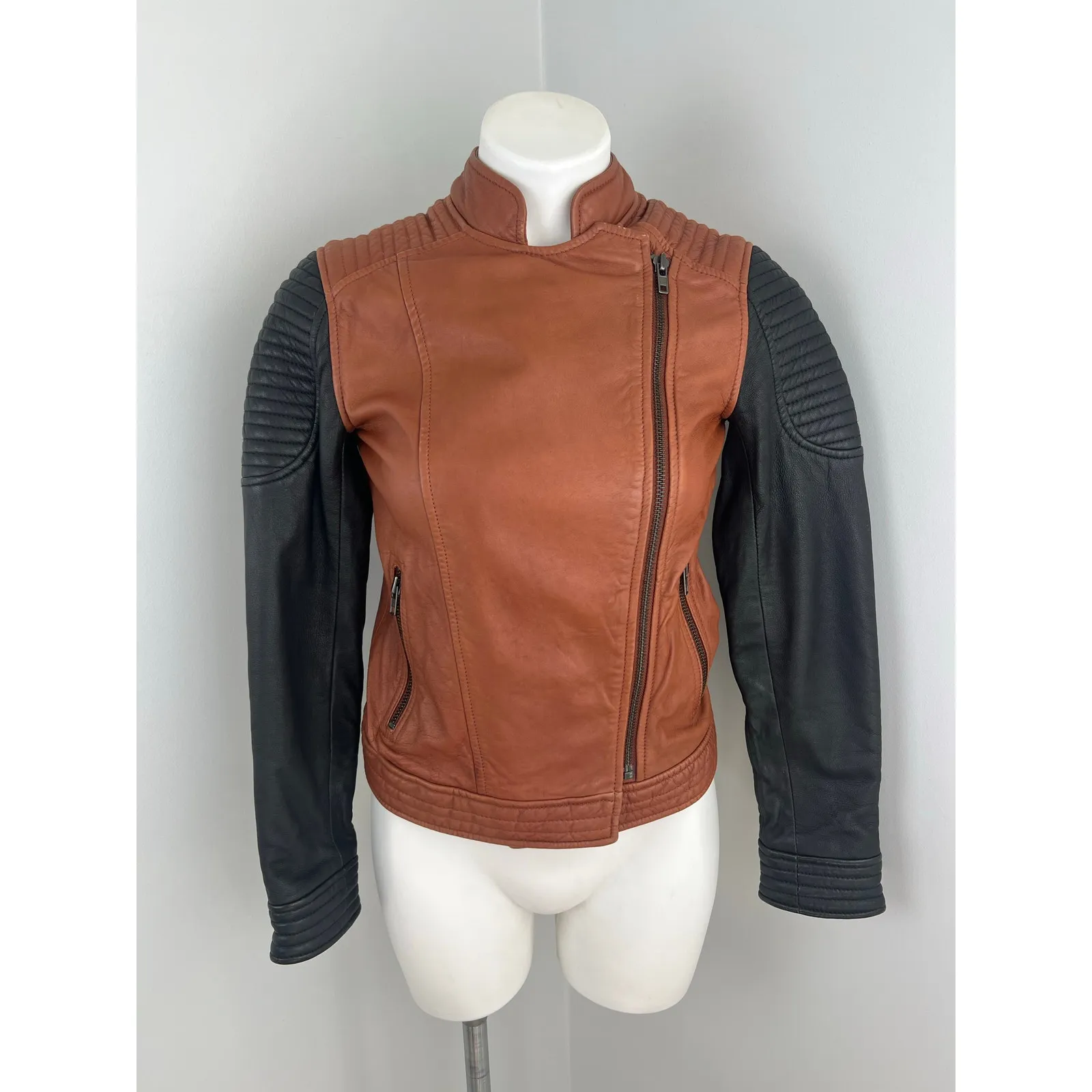 Madewell Colorblock Quilted Backroad Moto Leather Jacket Black Burnt Orange XS - Image 4